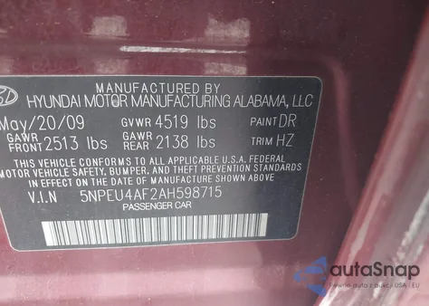 2010 Hyundai Sonata Se V6 из США, поврежденный, VIN 5NPEU4AF2AH598715